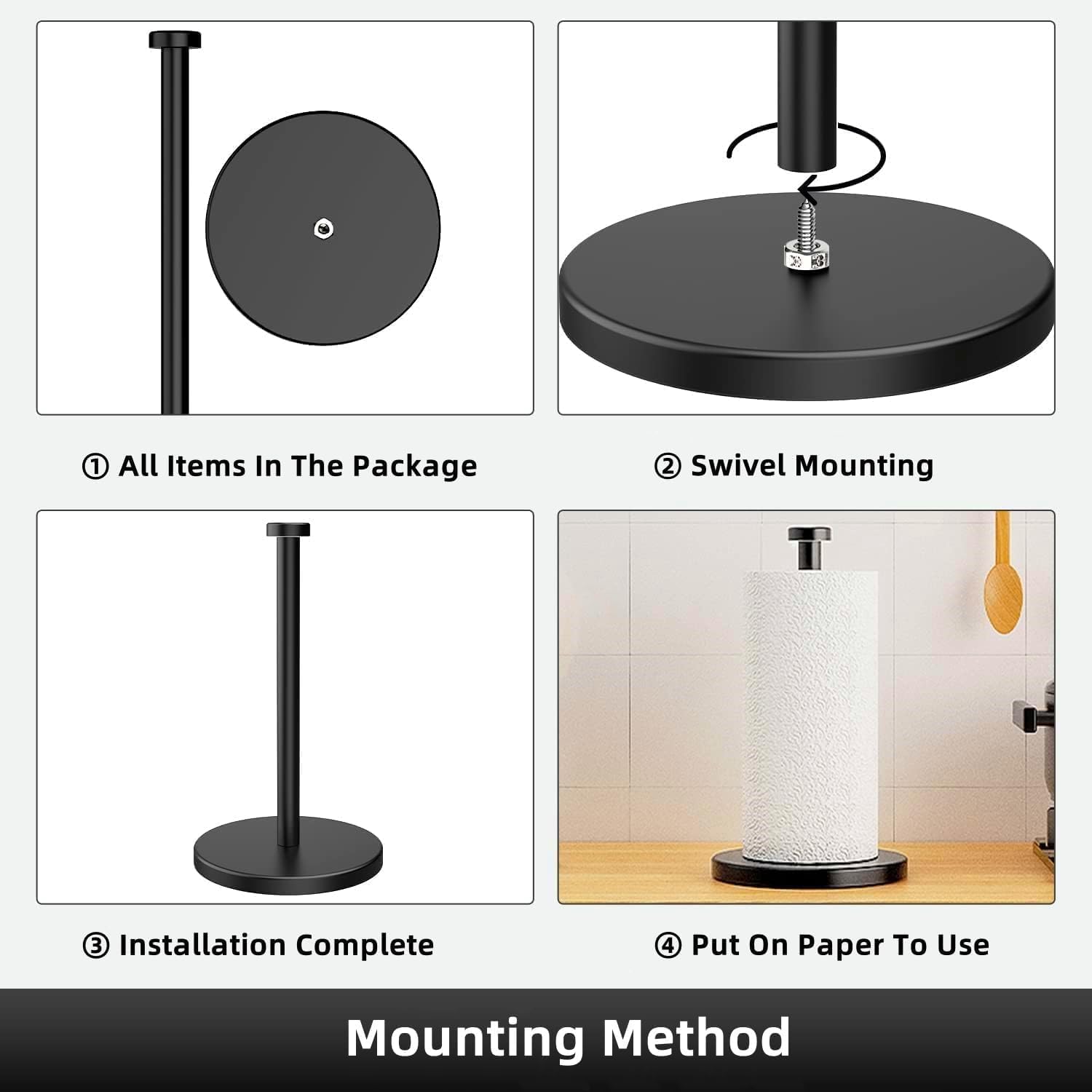 Weighted Paper Towel Holder Countertop Stainless Steel Napkin Holder for Large Roll Free Standing Paper Towel Roll Holder with Heavy Base Standing Vertical Paper Holder for Kitchen Rv (Matte Black)