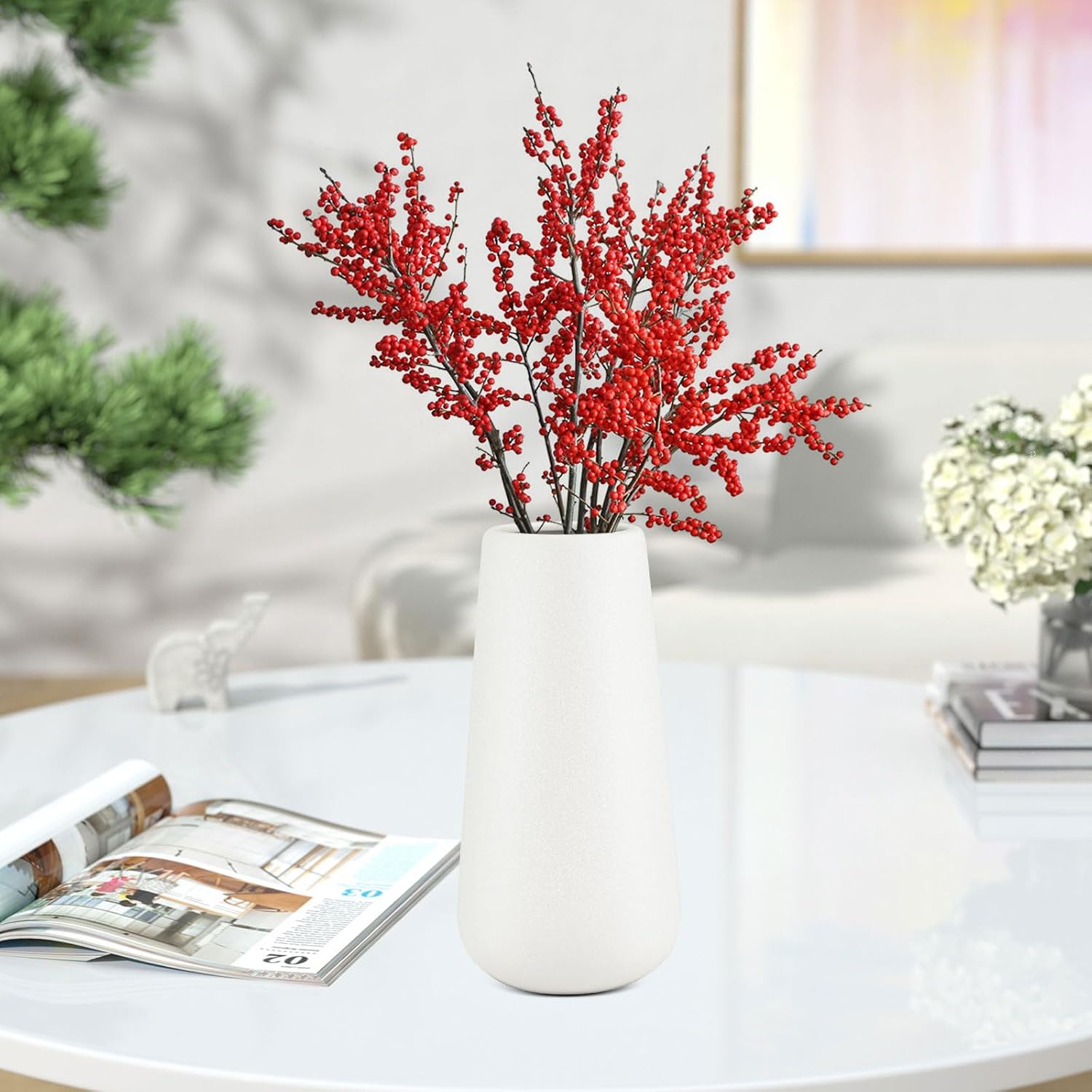 Matte White Ceramic Vase for Minimalist Modern Home Decor - Decorative Classic Flower Vase for Centerpiece, Wedding, Dinner Table, Office, Bedroom - Rustic Style - 20cm