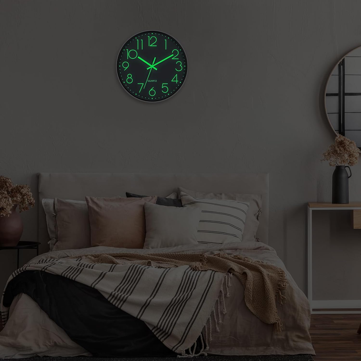 Luminous Wall Clock Bedroom Clock Non Ticking Silent Wall Clock Modern for Living Room Kitchen Office Bathroom Battery Operated Grey Glow in the Dark