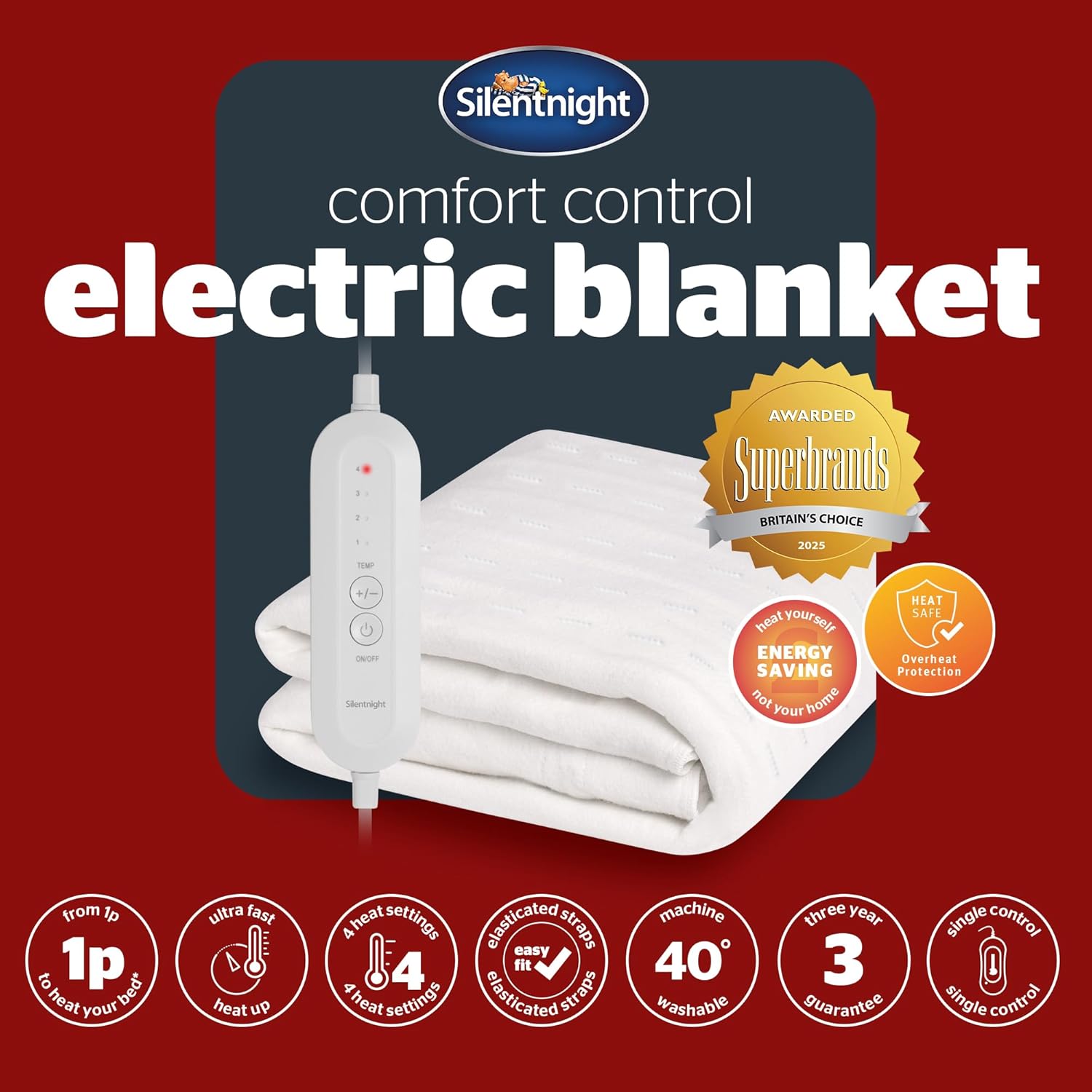 Comfort Control Electric Blanket Single Bed - Heated Underblanket with 4 Heat Settings - Fast Heat Up - Overheat Protection and Easy Fit Straps - Machine Washable - Single - 135x72cm