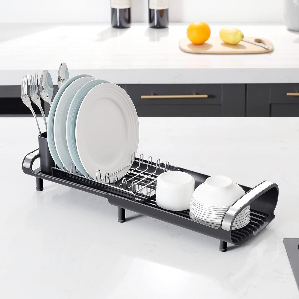 Small Dish Drainer, Expandable Dish Drainer Rack, Dish Rack With Removable Cutlery Holder, Anti Rust Small Sink Drainer, Expandable Draining Board Rack For Kitchen Counter, Black