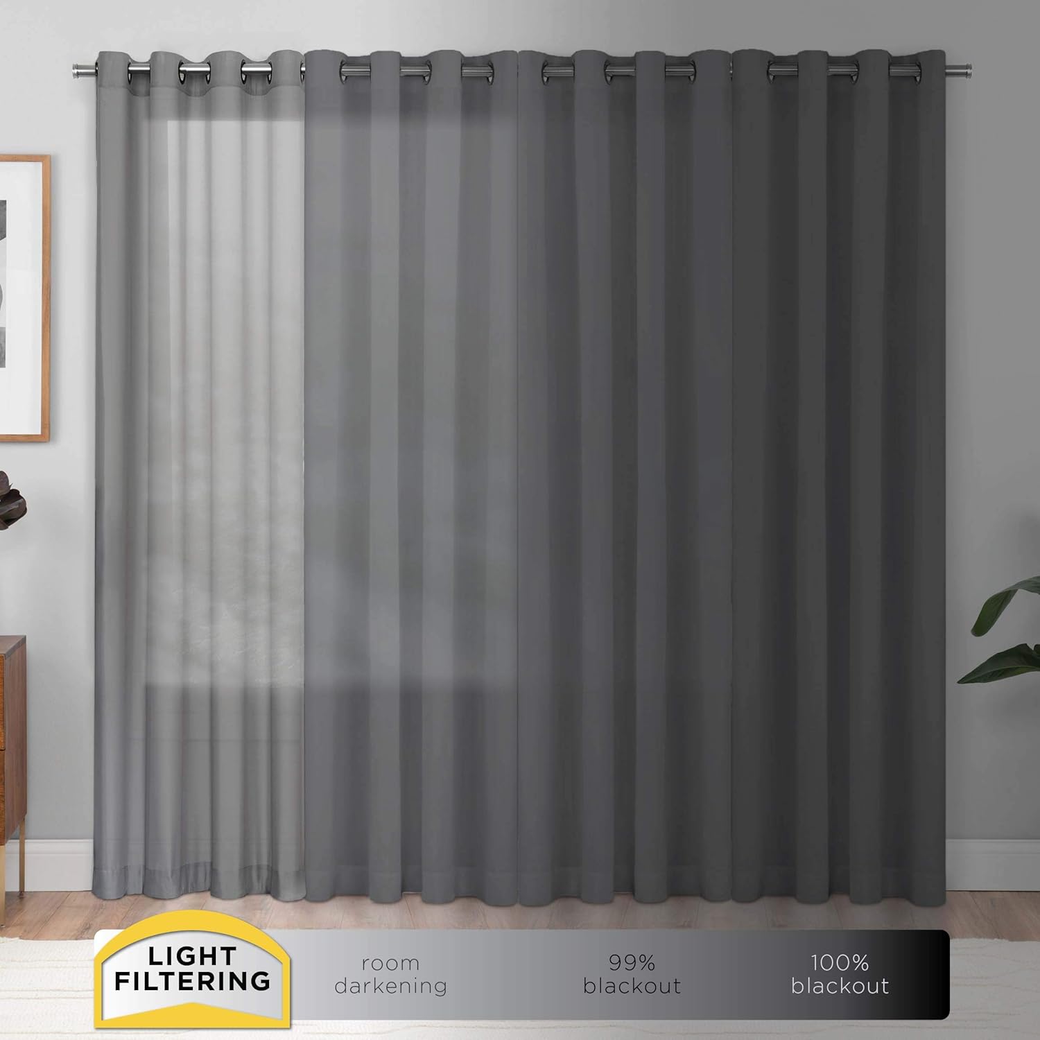 Eclipse Cadenza Microfiber Rod Pocket Panel Pair, Light Filtering Window Curtains, 63 in long x 40 in wide, (2 Panels), Smoke