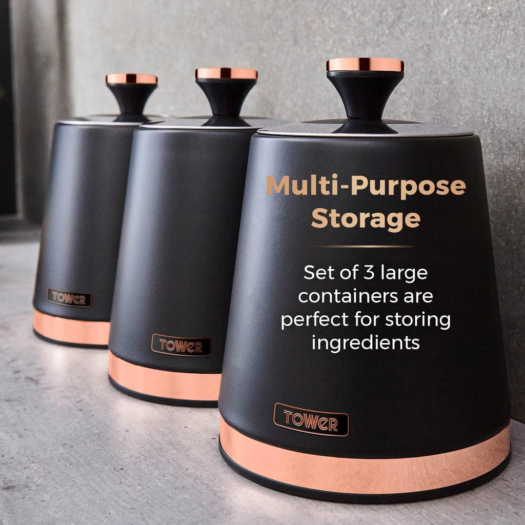 T826131BLK Cavaletto Set of 3 Storage Canisters for Tea/ Coffee/ Sugar, Steel, Black and Rose Gold