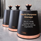 T826131BLK Cavaletto Set of 3 Storage Canisters for Tea/ Coffee/ Sugar, Steel, Black and Rose Gold