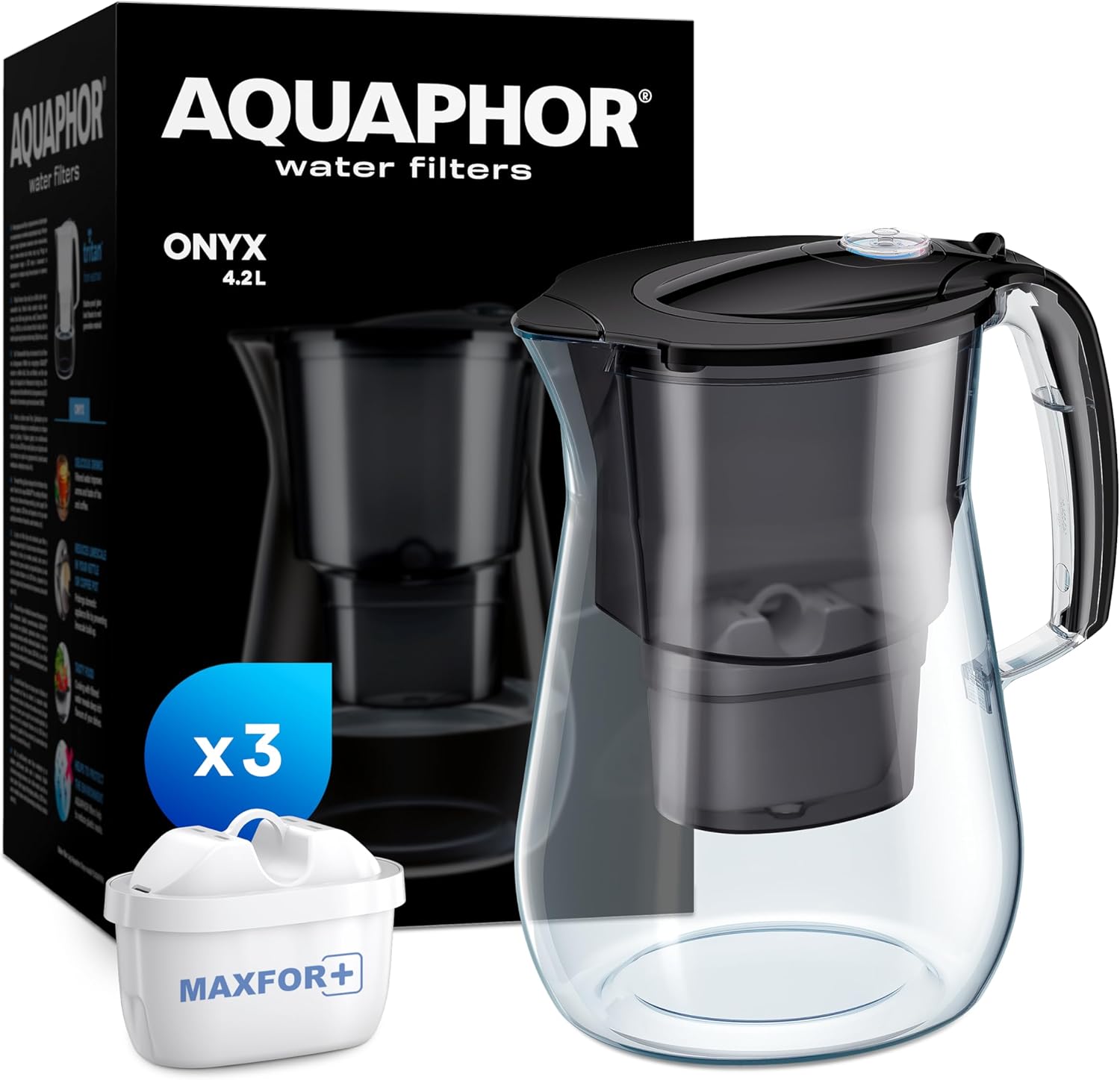 Onyx Black Water Filter Jug - Counter Top Design with 4.2L Capacity, 3 X MAXFOR+ Filters Included Reduces Limescale Chlorine & Microplastics Perfect for Families, Premium Quality Glass Effect Main image