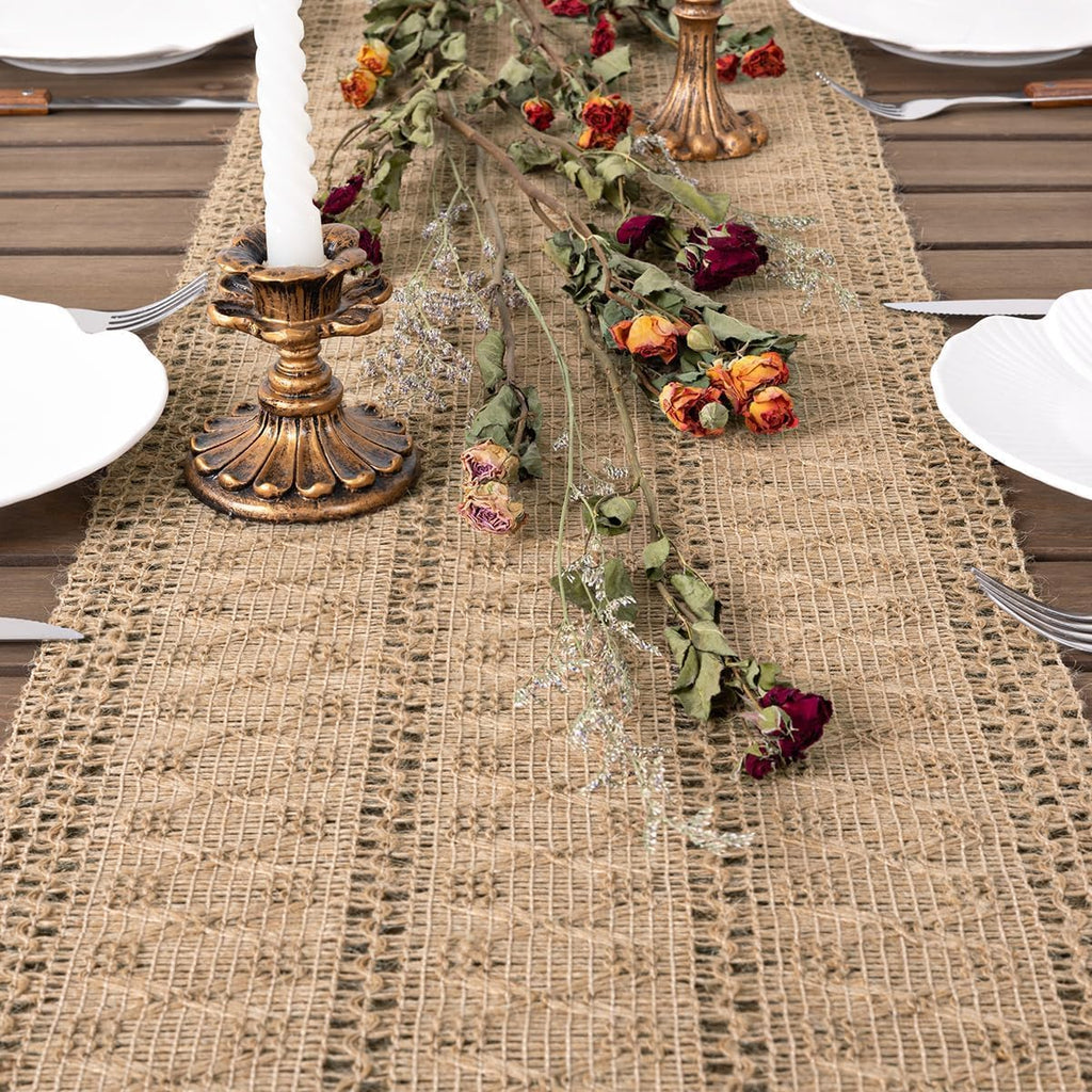 Boho Christmas Table Runner Macrame Farmhouse 95 Inch Burlap Jute Bamboo Coffee Table Runner Rustic Table Cover Dresser Scarf for Christmas Dining Kitchen Table Centerpiece Decor