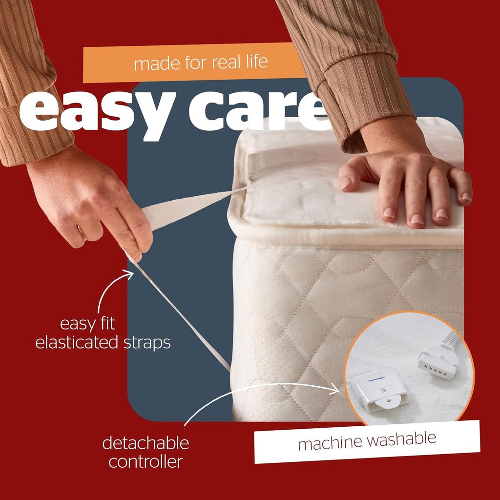 Comfort Control Electric Blanket Single Bed - Heated Underblanket with 4 Heat Settings - Fast Heat Up - Overheat Protection and Easy Fit Straps - Machine Washable - Single - 135x72cm