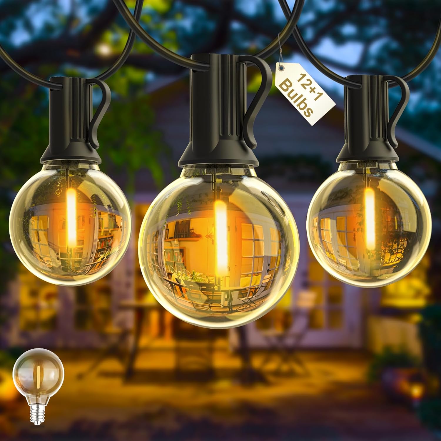 Outdoor String Lights Mains Powered, 25FT/7.6M Festoon Lights Outdoor with 12+1 Shatterproof G40 LED Bulbs, Waterproof Globe Garden Lights for Patio, Wedding, Party, Terrace, 2700K Main image