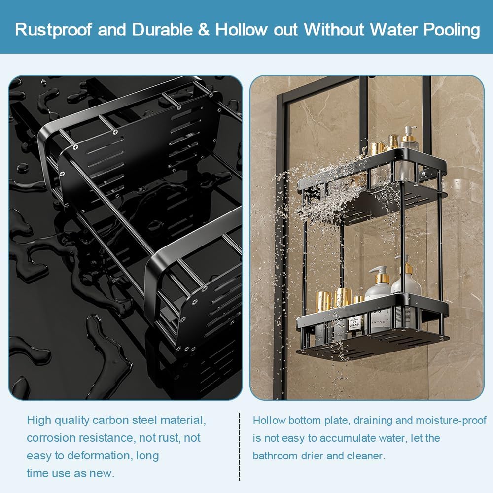 Shower Caddy Hanging, 2 Tier Over Door Shower Shelf No Drilling Showers Organiser Hanging Storage Rack Holder Showers Basket Organizer with 6 Hooks for Bathroom Shampoo Gel, Black