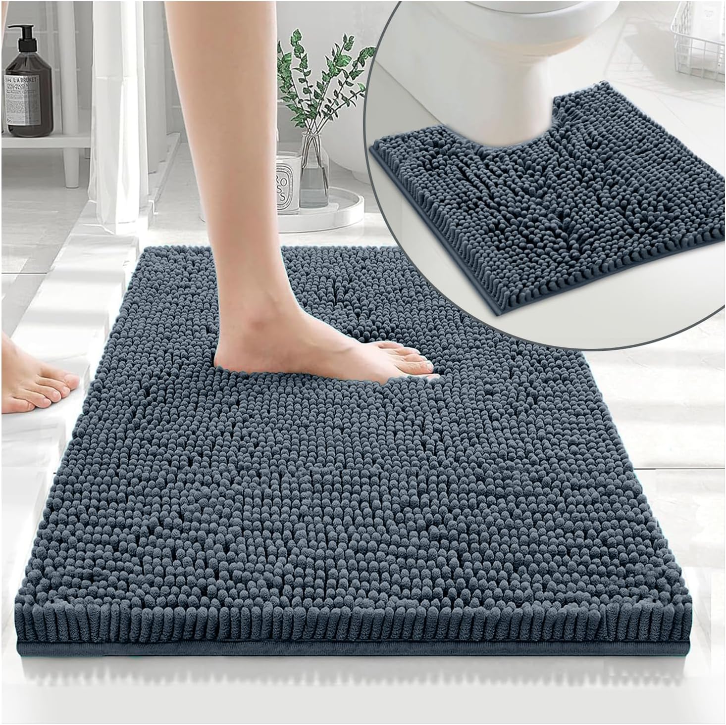 GC GAVENO CAVAILIA Soft Bath Mat Sets For Bathroom | 2 Piece Bath Mat Non Slip Back | Highly Water Absorbent & Fast Drying 100% Microfiber Chenille Toilet Rug with Pedestal Mat | Dark Grey