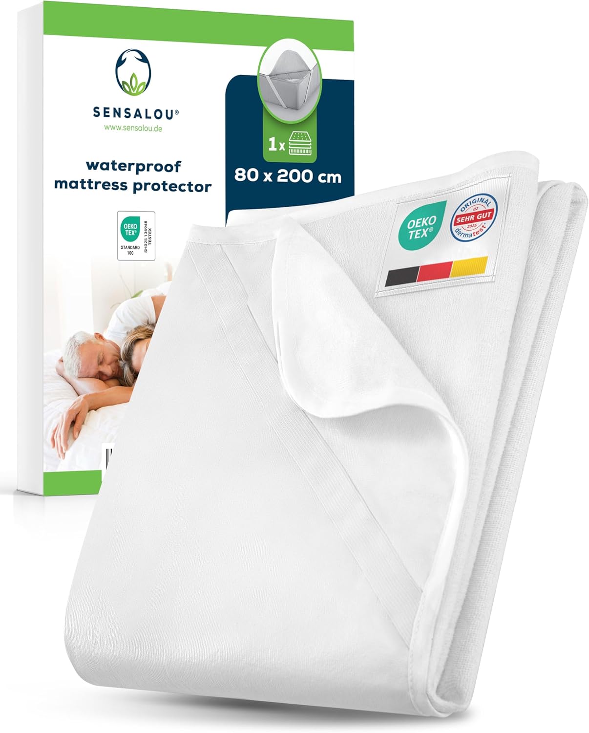 Sensalou Waterproof Mattress Protector 80x200 cm – Single Bed Mattress Cover with Elastic Corner Straps, Soft Terry Surface, Hypoallergenic, Breathable, Washable at 95°C, Quiet Sleep, 1-Pack Main image