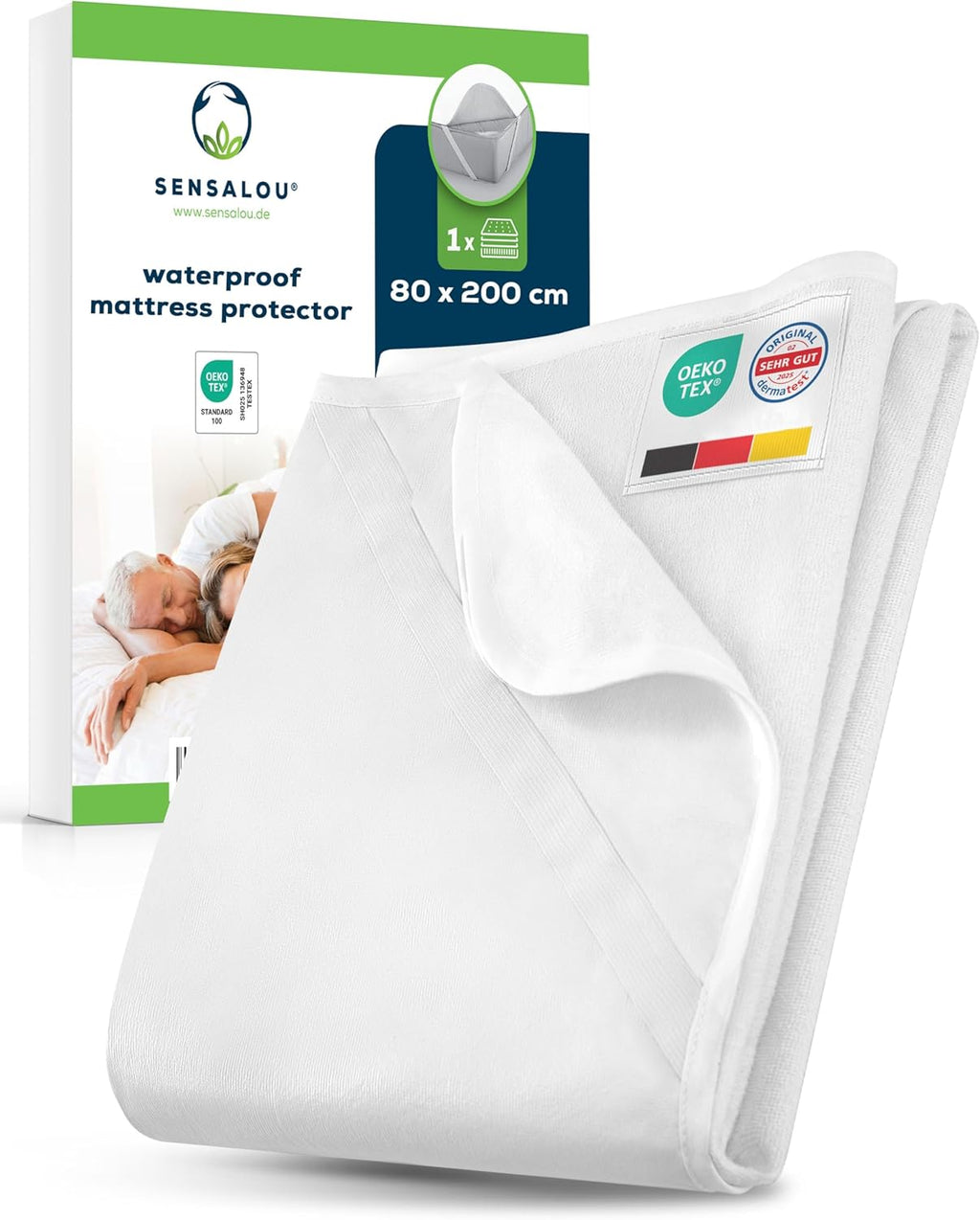 Sensalou Waterproof Mattress Protector 80x200 cm – Single Bed Mattress Cover with Elastic Corner Straps, Soft Terry Surface, Hypoallergenic, Breathable, Washable at 95°C, Quiet Sleep, 1-Pack