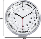 Version 3.0 Metal Day of The Week Wall Clock for Seniors 12 Inch, Silent Non Ticking Modern Silver Wall Clocks for Living Room Decor Bedroom Home, Ideal Retirement Gift for Men & Women