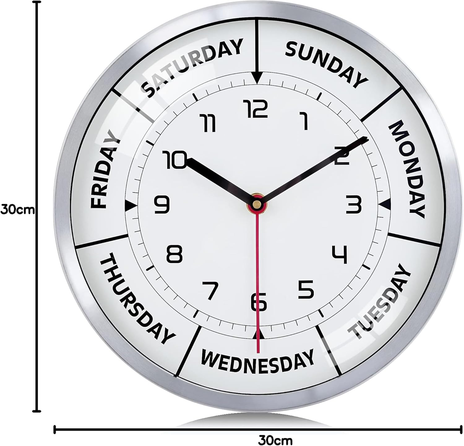 Version 3.0 Metal Day of The Week Wall Clock for Seniors 12 Inch, Silent Non Ticking Modern Silver Wall Clocks for Living Room Decor Bedroom Home, Ideal Retirement Gift for Men & Women