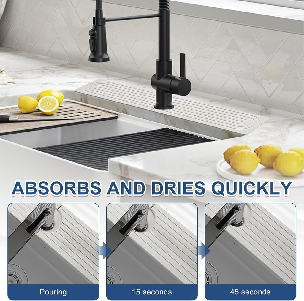 Diatomite Kitchen Faucet Mat - 16-Inch Kitchen Sink Splash Guard, Water Absorbing Stone Tray for Sink, Stone Fast-Drying Faucet Mat for Kitchen Counter Sink Accessories [White, 23.6'' x 3.9'']