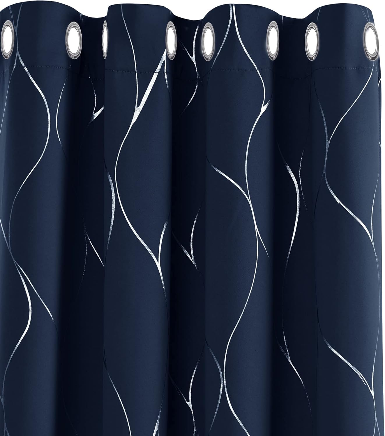 Eyelet Curtains, Blackout Curtains, Home Decoration Thermal Insulated Wave Line Foil Printed Material Curtains for Bedroom Windows, 46 x 54 Inch(Width x Length), Navy Blue, one pair