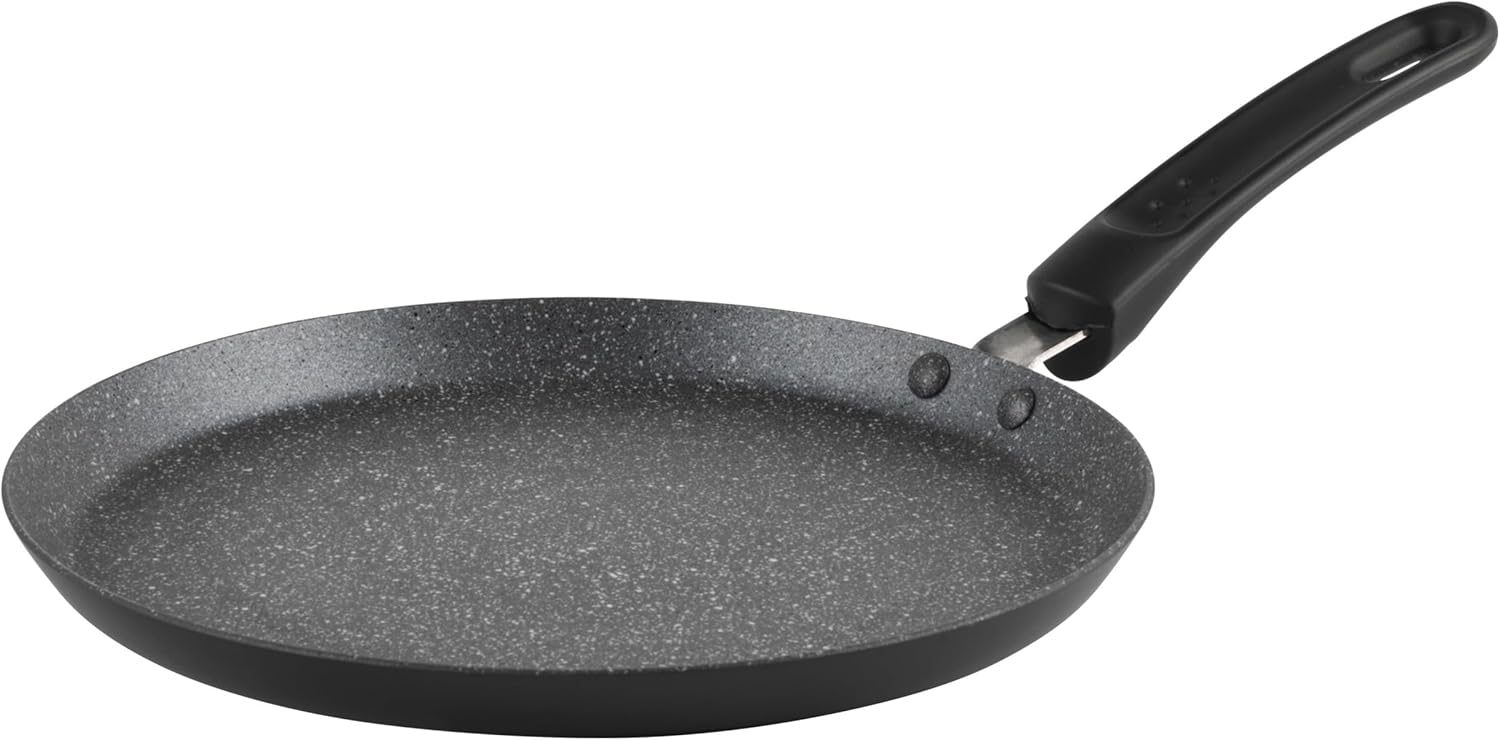 Metallic Marble Pancake Pan - 25cm Crepe Frying Pan, 9.8" Non-Stick Flat Skillet Griddle, Suitable for Induction Hobs, Soft Grip Handle, Durable Forged Aluminium, Easy Clean