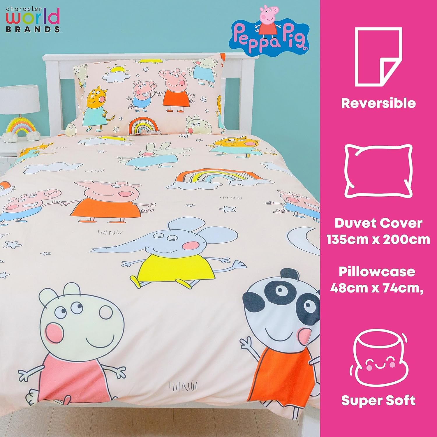 Character World Peppa Pig and Friends Official Single Bed Duvet Cover Set | Colourful Playful Design Reversible 2 Sided Bedding Including Matching Pillow Case