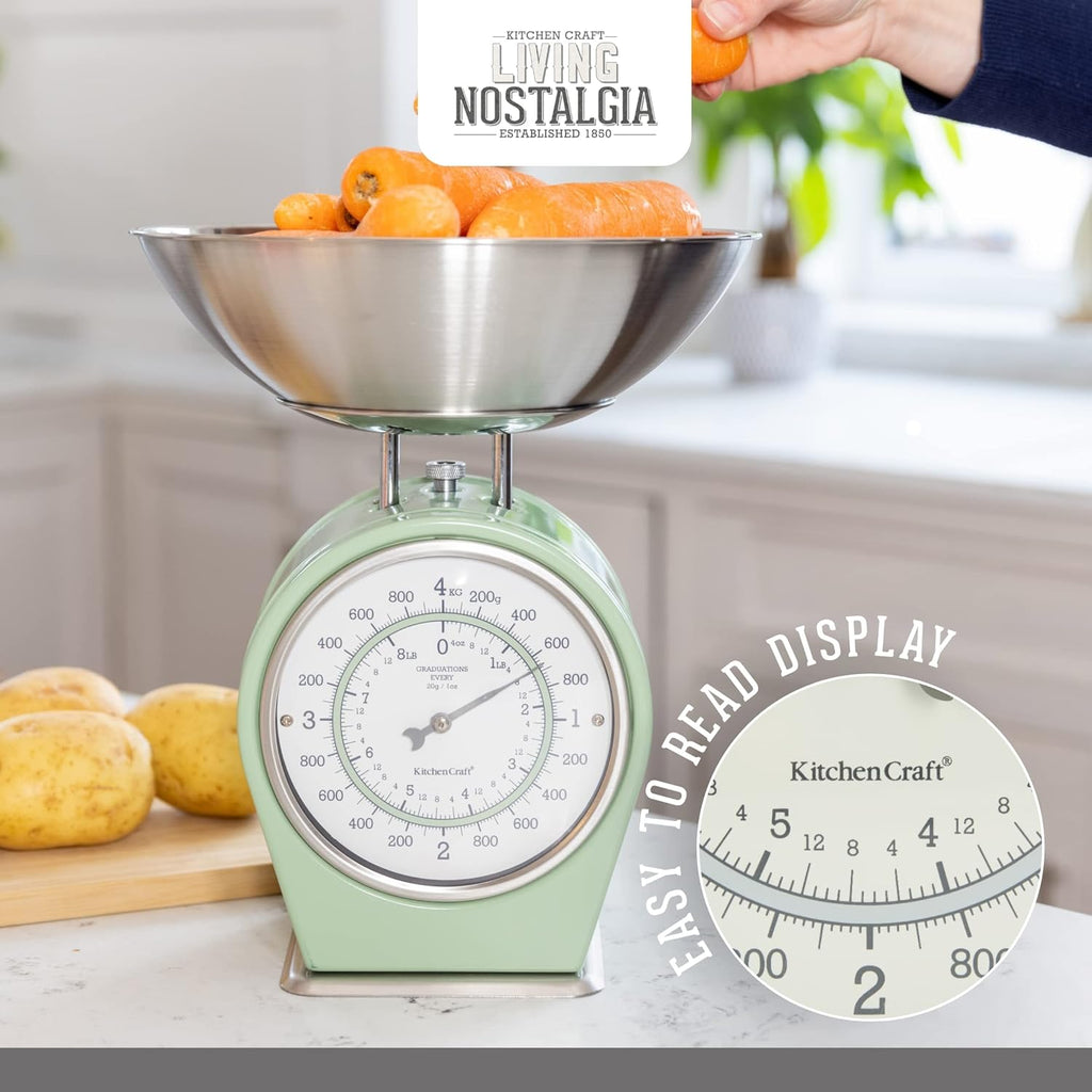 Living Nostalgia Mechanical Kitchen Scales, Retro Traditional Weighing Scale 4 kg (8 lbs), 25 x 25 x 3 cm, English Sage