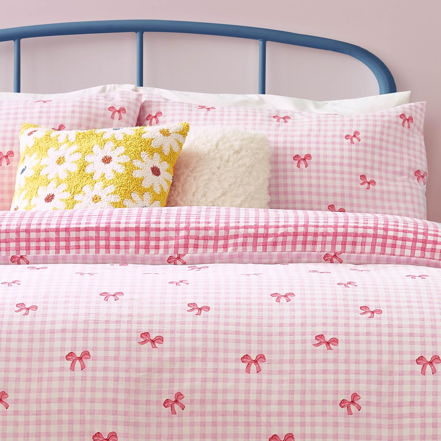 Heya Home Gingham Bows Bedding – Classic Gingham with Playful Bows Duvet Cover Set (Pink – Double)