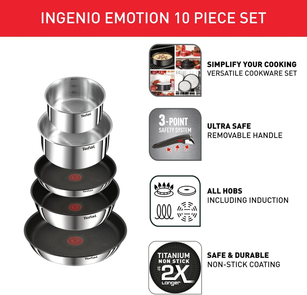 Ingenio Emotion 10 Piece Set, Pots & Pans Set, Stainless Steel, Stackable, Induction, Easy Cleaning, Non-Stick Coating, Heat Indicator, L897SA74