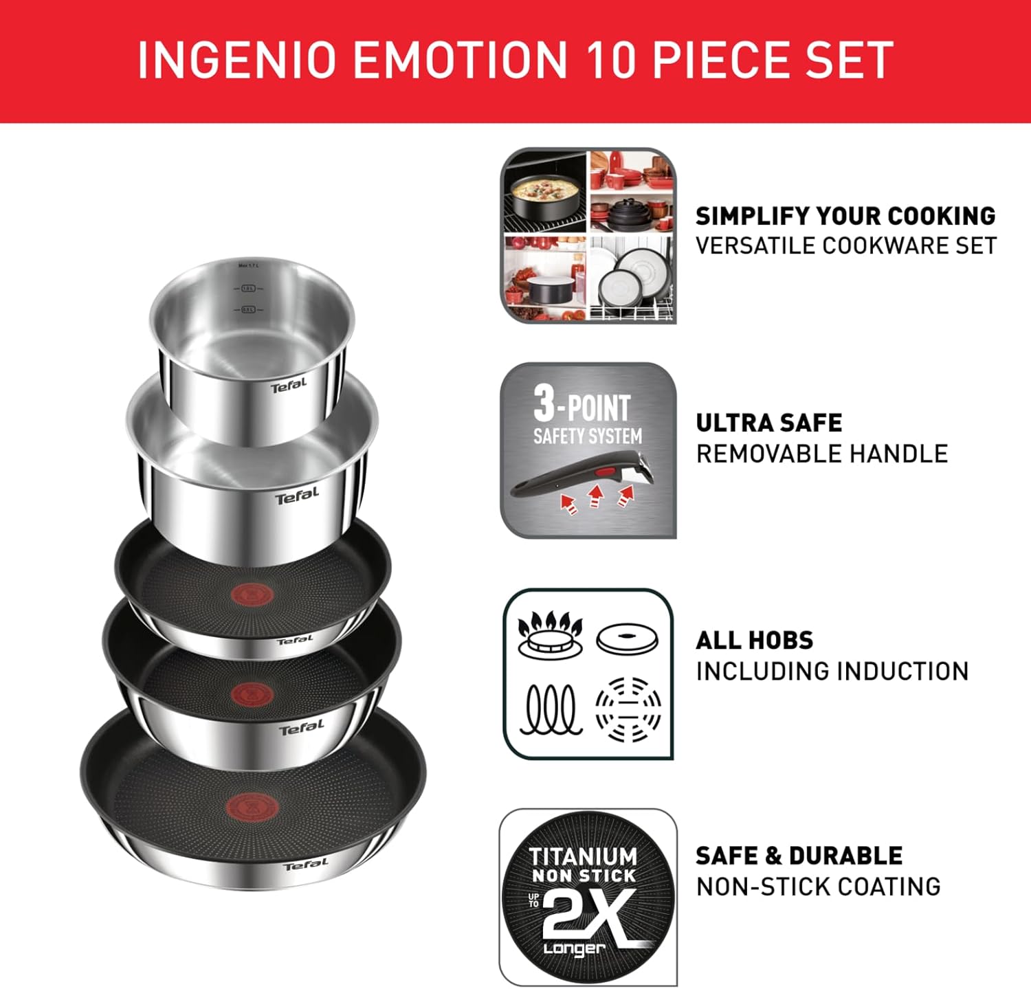 Ingenio Emotion 10 Piece Set, Pots & Pans Set, Stainless Steel, Stackable, Induction, Easy Cleaning, Non-Stick Coating, Heat Indicator, L897SA74