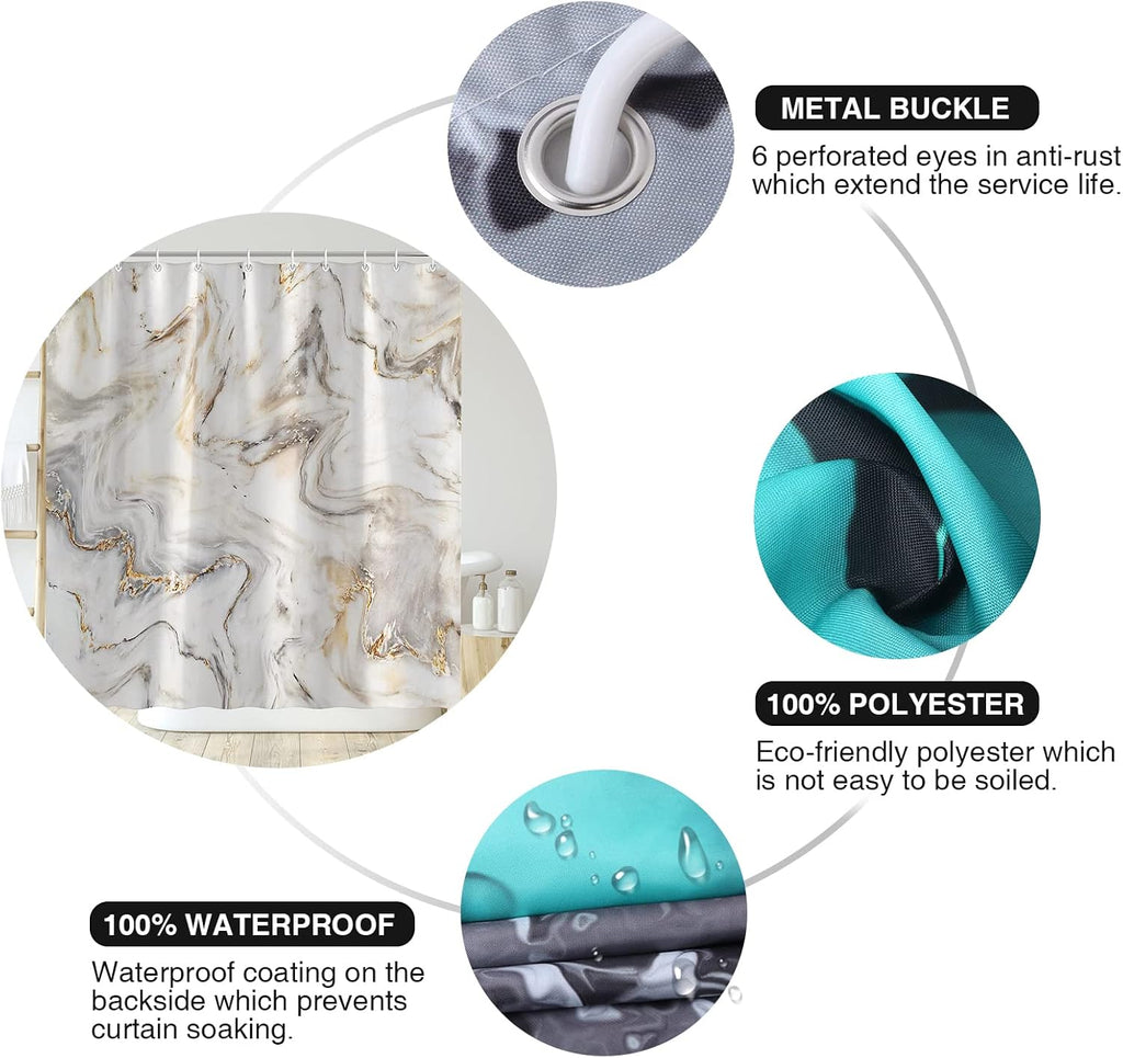 Shower Curtain Mould Proof Mildew Resistant Bathroom Shower Curtains Waterproof Shower Curtain 100% Polyester Marble Shower Curtains with 12 Hooks, 180 x 180 cm (Marble)