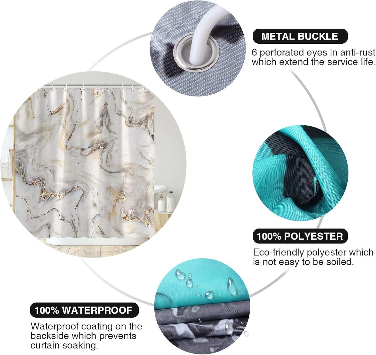 Shower Curtain Mould Proof Mildew Resistant Bathroom Shower Curtains Waterproof Shower Curtain 100% Polyester Marble Shower Curtains with 12 Hooks, 180 x 180 cm (Marble)