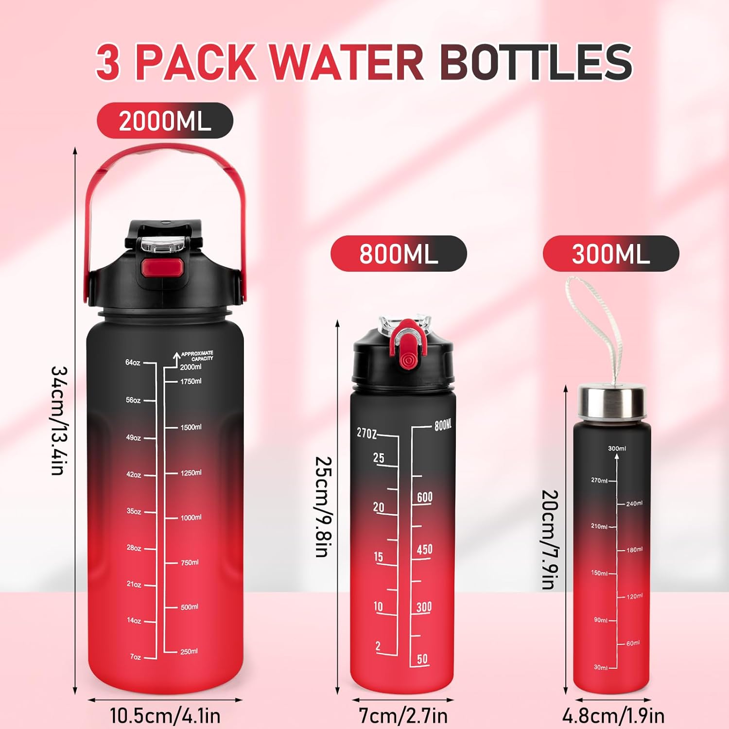 3 Pack Water Bottle BPA Free ,2L/800ML/300ML Sport Water Bottles with Straw & Brush,Motivational Time Markings, Leak-Proof, 2 Liters Gym Drinks Bottle for Adults Women, Running,Cycling -Black Red Secondary image