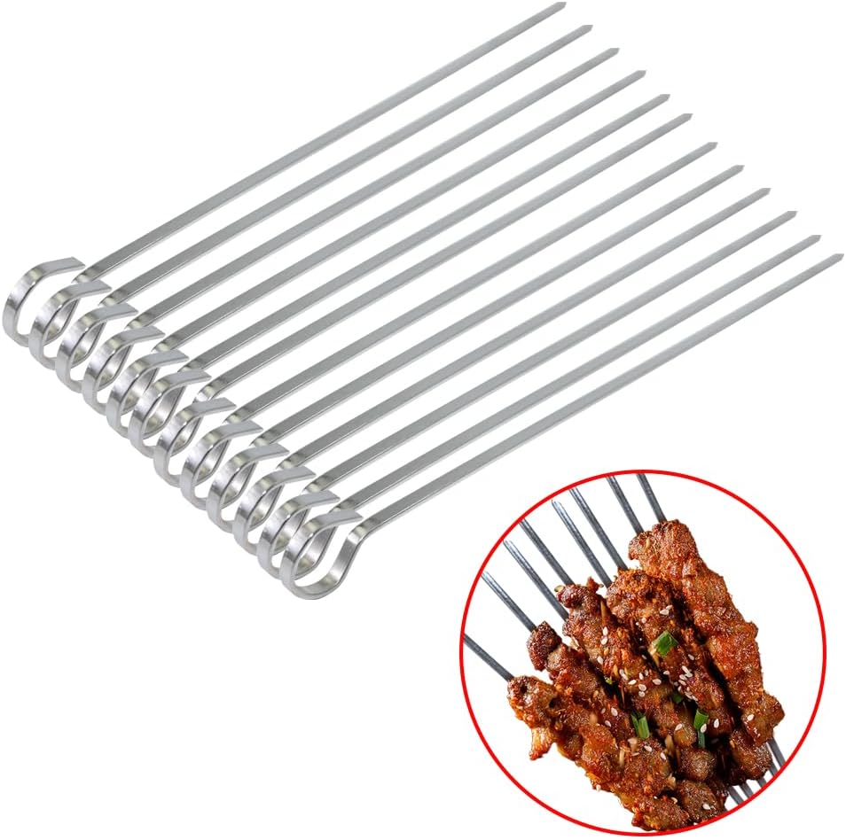Ram© 1B09W9YRSNQ2 X Kebab Skewers, Set of 12 Stainless Steel BBQ Grilling Skewers Flat Reusable Metal Skewer Sticks for BBQ, Cocktail, Shish Kabob, Party Essentials, 30cm
