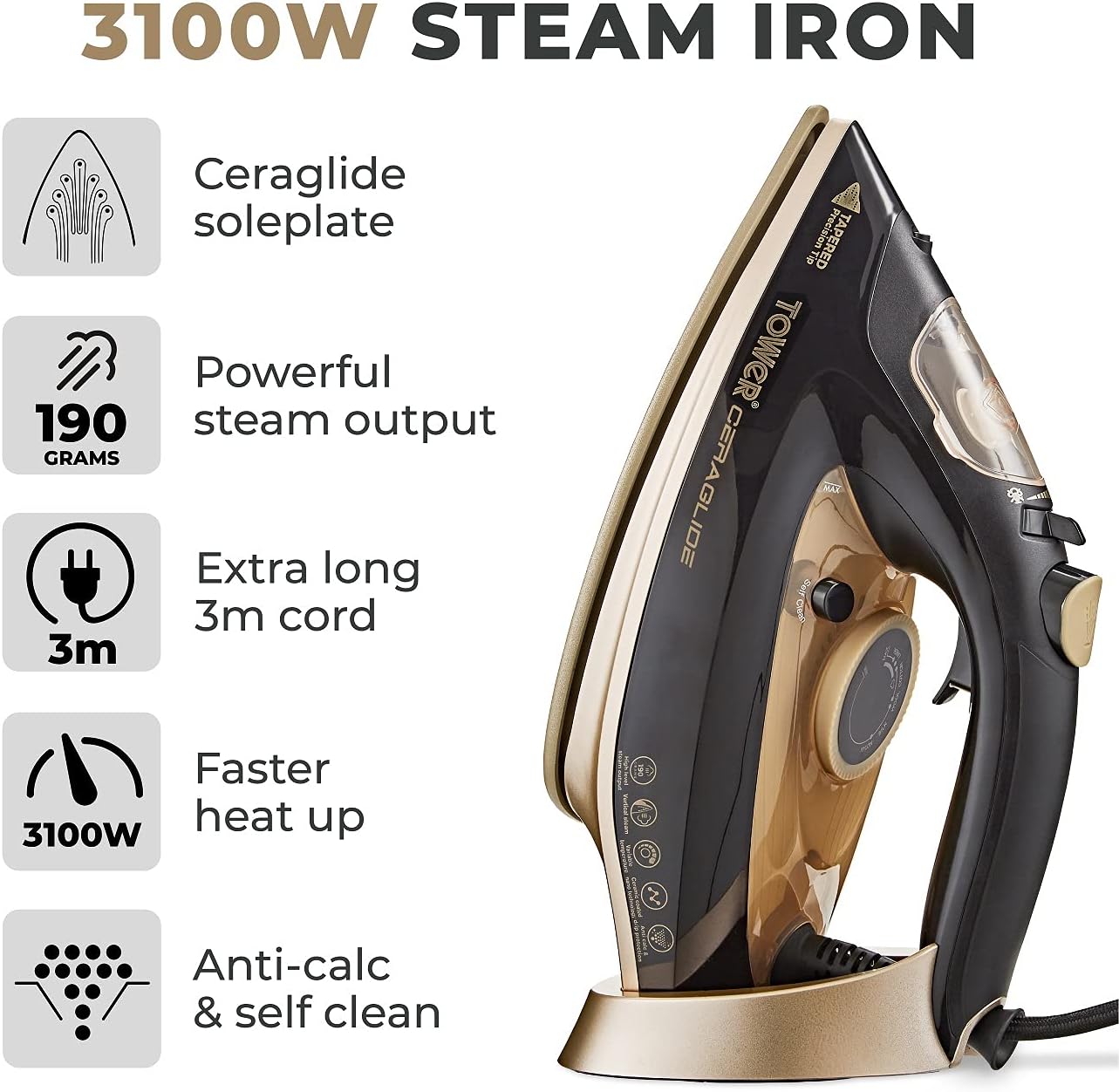 T22021GLD Ceraglide Steam Iron with Fast Heat-Up, Long Power Cord, 3100W, Black and Gold