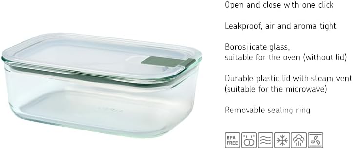 Glass food container EasyClip - Glass food containers with lids - Click closure - Suitable for the microwave, steamer, oven, refrigerator & freezer - Airtight & leakproof - 1000 ml - Nordic