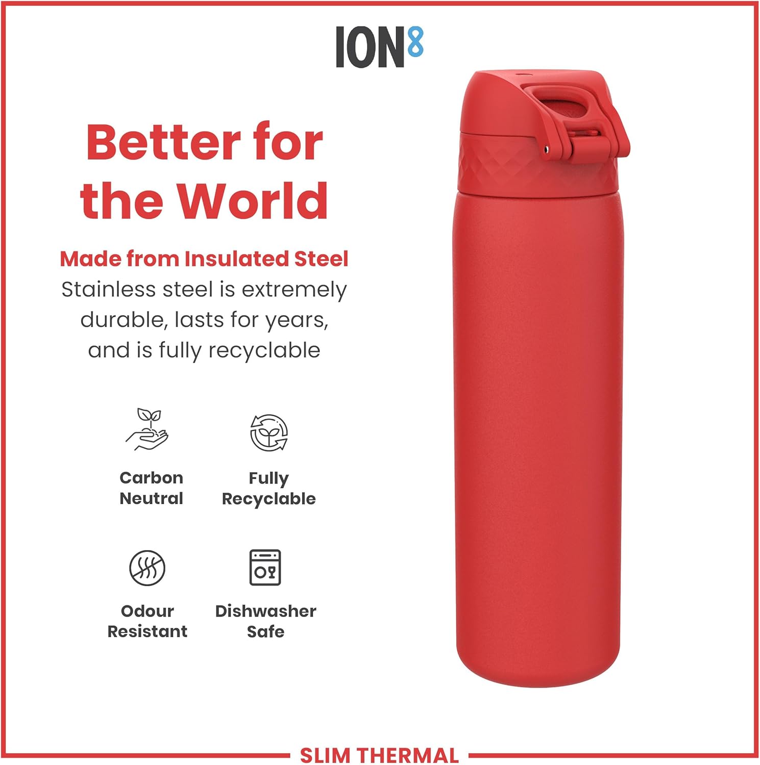 ION8 Vacuum Insulated Steel Water Bottle, 500 ml/17 oz, Leak Proof, Easy to Open, Secure Lock, Dishwasher Safe, Fits Cup Holders, Carry Handle, Scratch Resistant, Metal Water Bottle