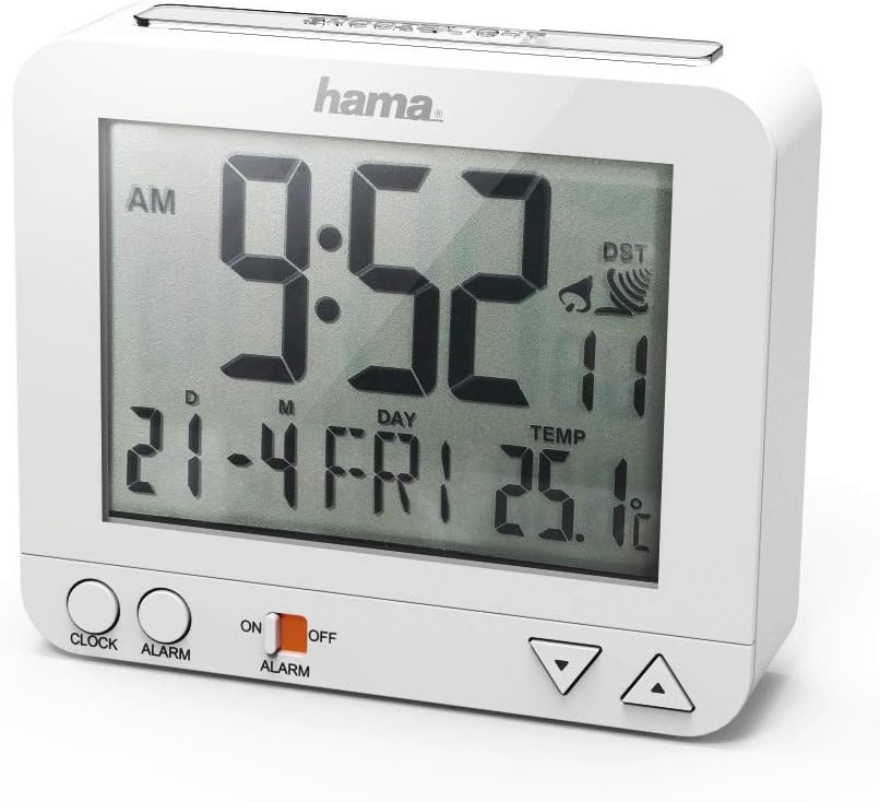 Radio-Controlled Alarm Clock RC550 (Sensor-controlled Night Light, Snooze, Temperature and Date Display) Plastic, White, 9.5 cm