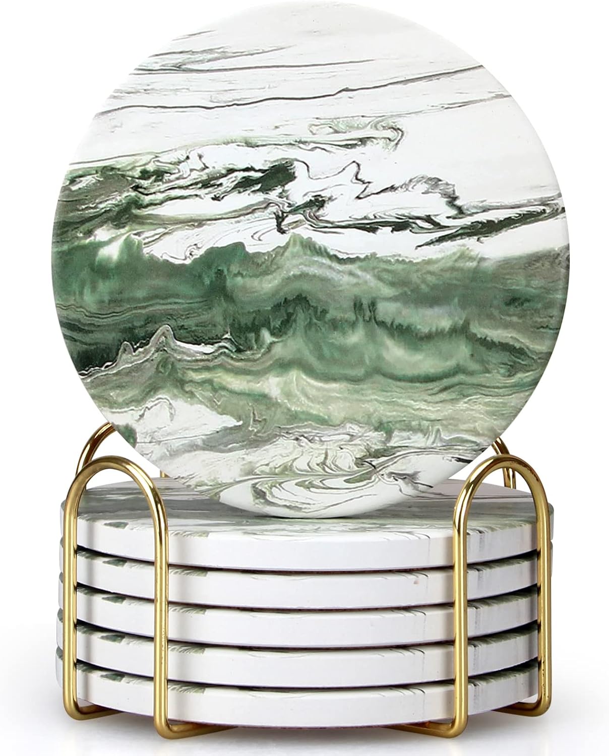 6 Pcs Green Ceramic Coasters with Holder Round Cool Drink Best Modern Absorbent Coaster Set for Coffee Table, Art Decorative Coasters, Bar, Farmhouse, Outdoor Cup Coaster Gifts Main image