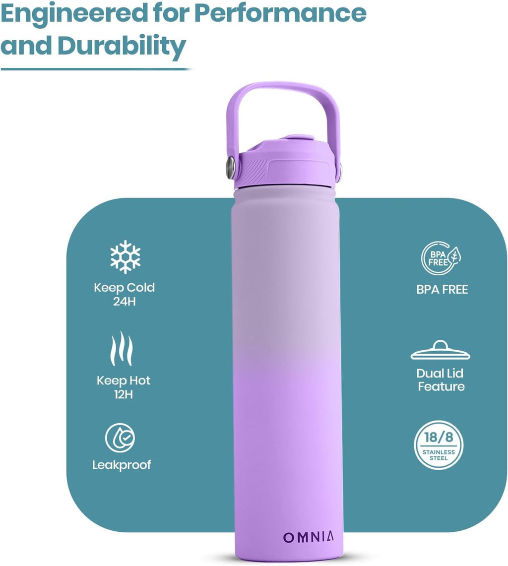 OMNIA Vacuum Insulated Stainless Steel Water Bottle, 2 Lids (Straw & Spout) Leakproof, BPA-Free, Reusable Flask, Hot & Cold Thermos for Sports, Gym, Travel, Outdoors (Gradient Purple, 750ML)
