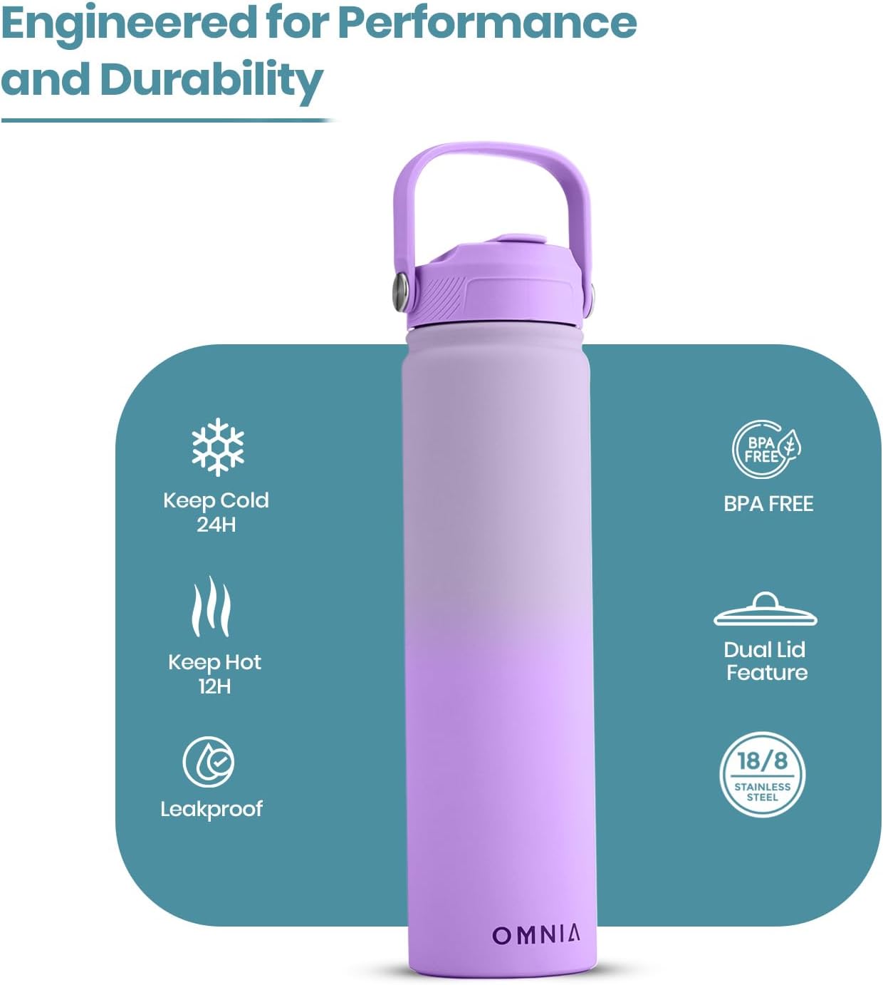 OMNIA Vacuum Insulated Stainless Steel Water Bottle, 2 Lids (Straw & Spout) Leakproof, BPA-Free, Reusable Flask, Hot & Cold Thermos for Sports, Gym, Travel, Outdoors (Gradient Purple, 750ML)
