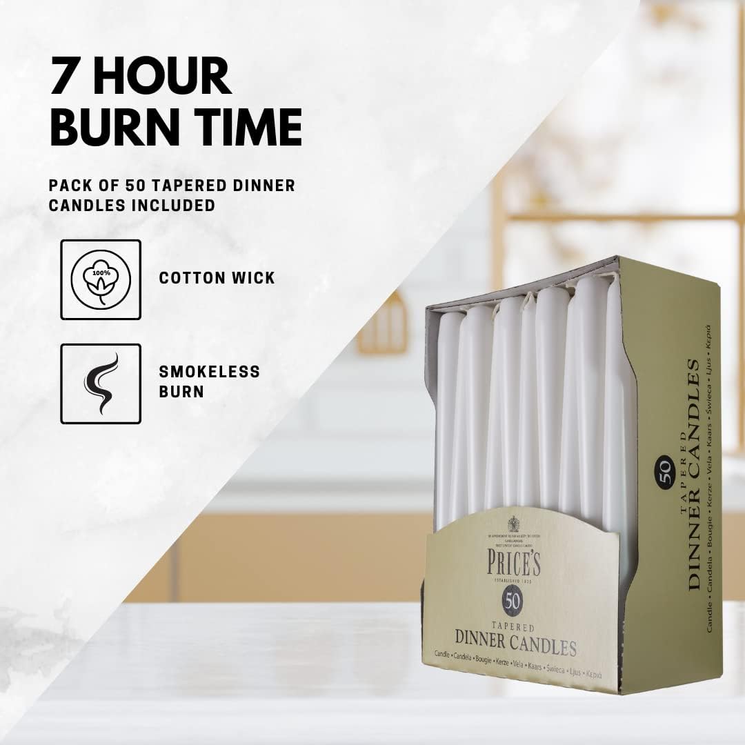 Candles Tapered Dinner Candles Ivory Unscented Wax Pack of 50 | 7 Hour Burn Time Elegant Long Candles for Home Decor, Events, Celebrations & Dining