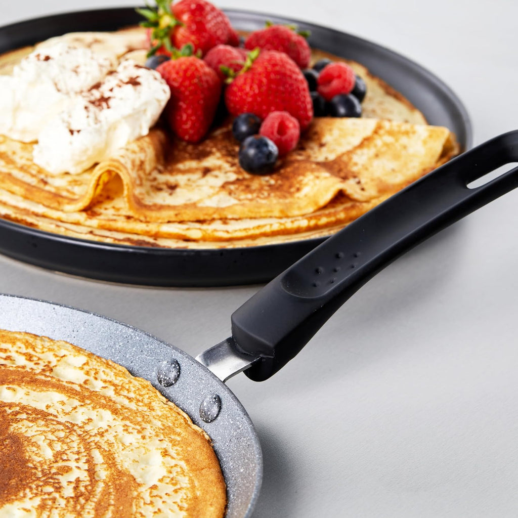 Metallic Marble Pancake Pan - 25cm Crepe Frying Pan, 9.8" Non-Stick Flat Skillet Griddle, Suitable for Induction Hobs, Soft Grip Handle, Durable Forged Aluminium, Easy Clean