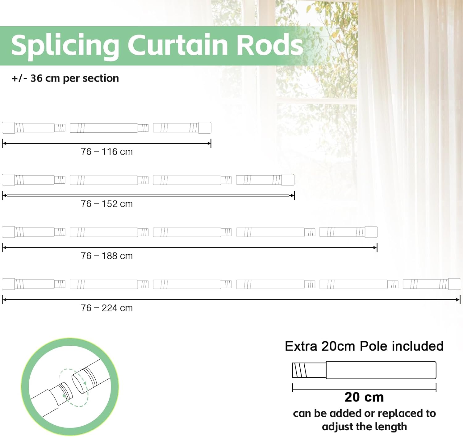 Curtain Poles for Eyelet Curtains Matt White, 16mm Voile Curtain Pole 76-117cm, Window Curtain Rod Metal Extendable with Adjustable Brackets for Bedroom, Living Room