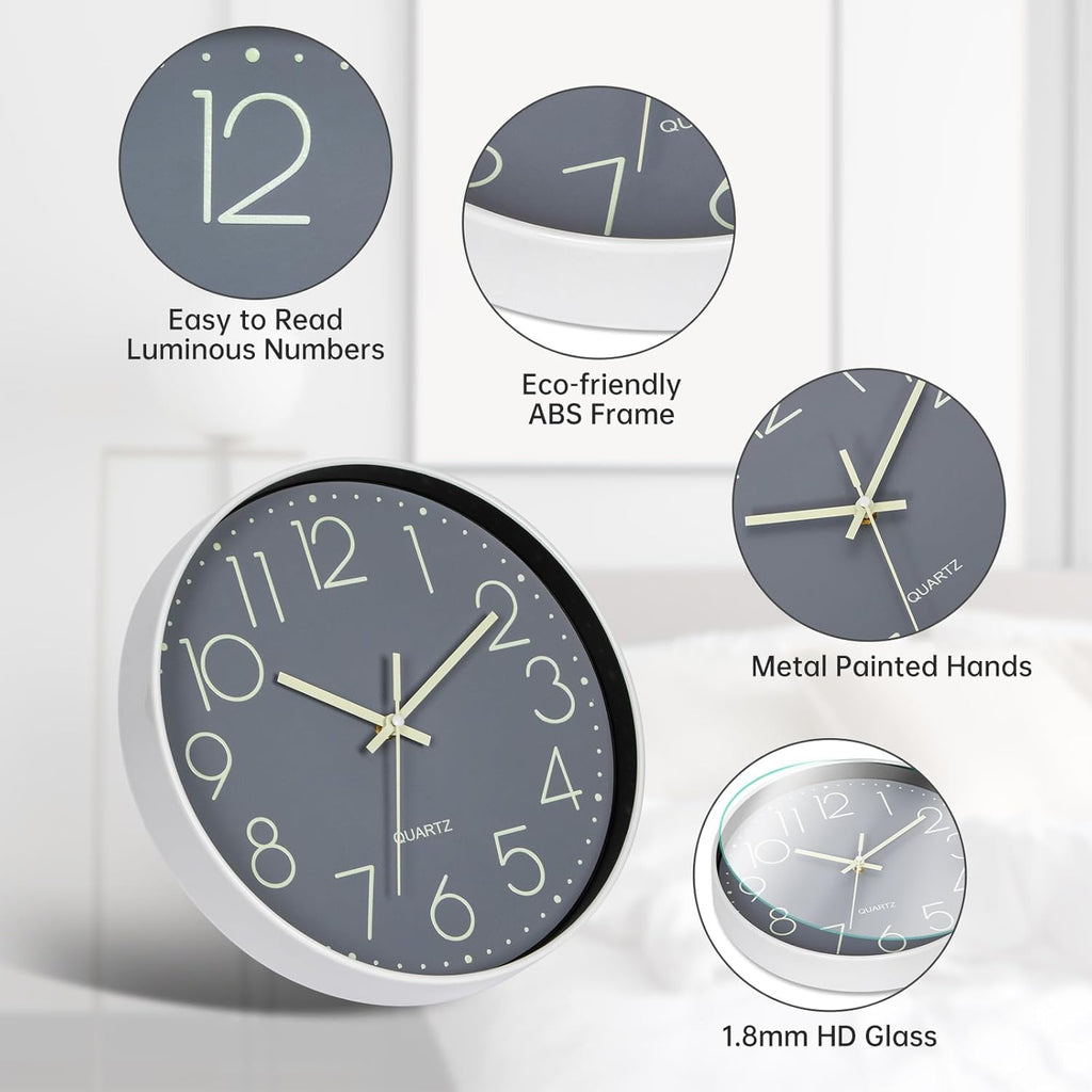 Luminous Wall Clock Bedroom Clock Non Ticking Silent Wall Clock Modern for Living Room Kitchen Office Bathroom Battery Operated Grey Glow in the Dark