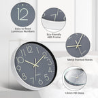 Luminous Wall Clock Bedroom Clock Non Ticking Silent Wall Clock Modern for Living Room Kitchen Office Bathroom Battery Operated Grey Glow in the Dark