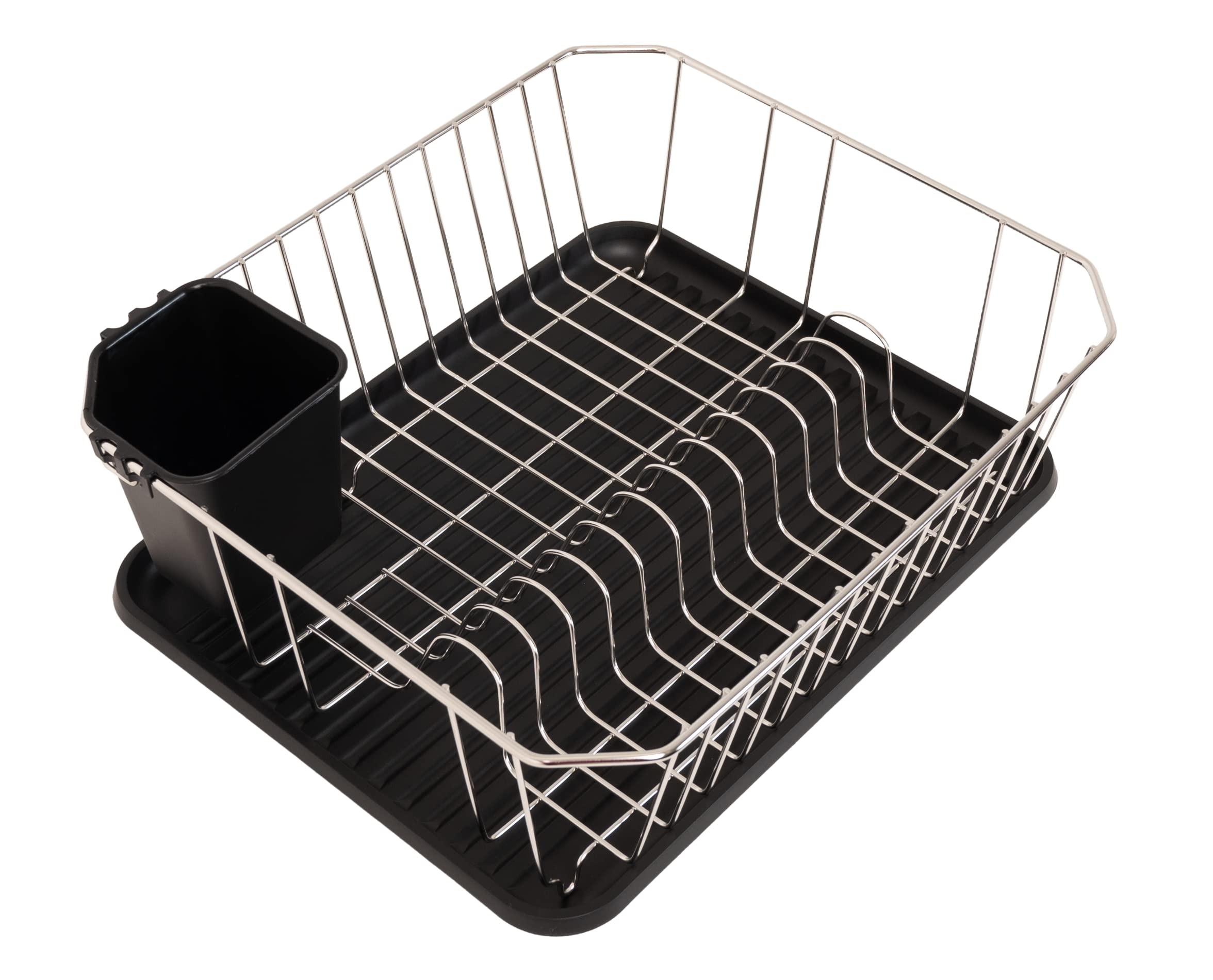 Stainless Steel Dish Drainer with Plastic Drip Tray and Cutlery Holder (Square Drainer Black)