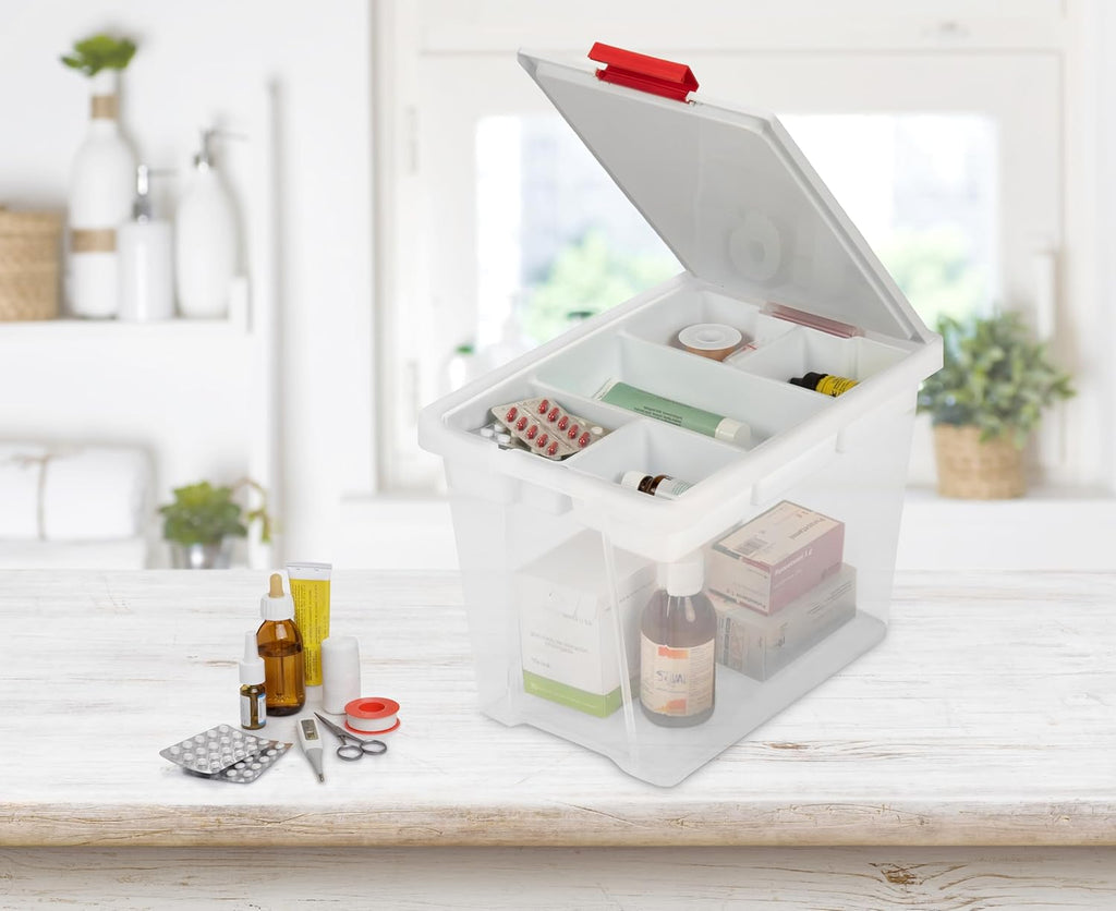 First Aid Box with Lid, 15L Capacity, with Handles and Organiser Tray, Lid 100% Recycled Materials, BPA Free, Measures 25 x 36 x 26 cm