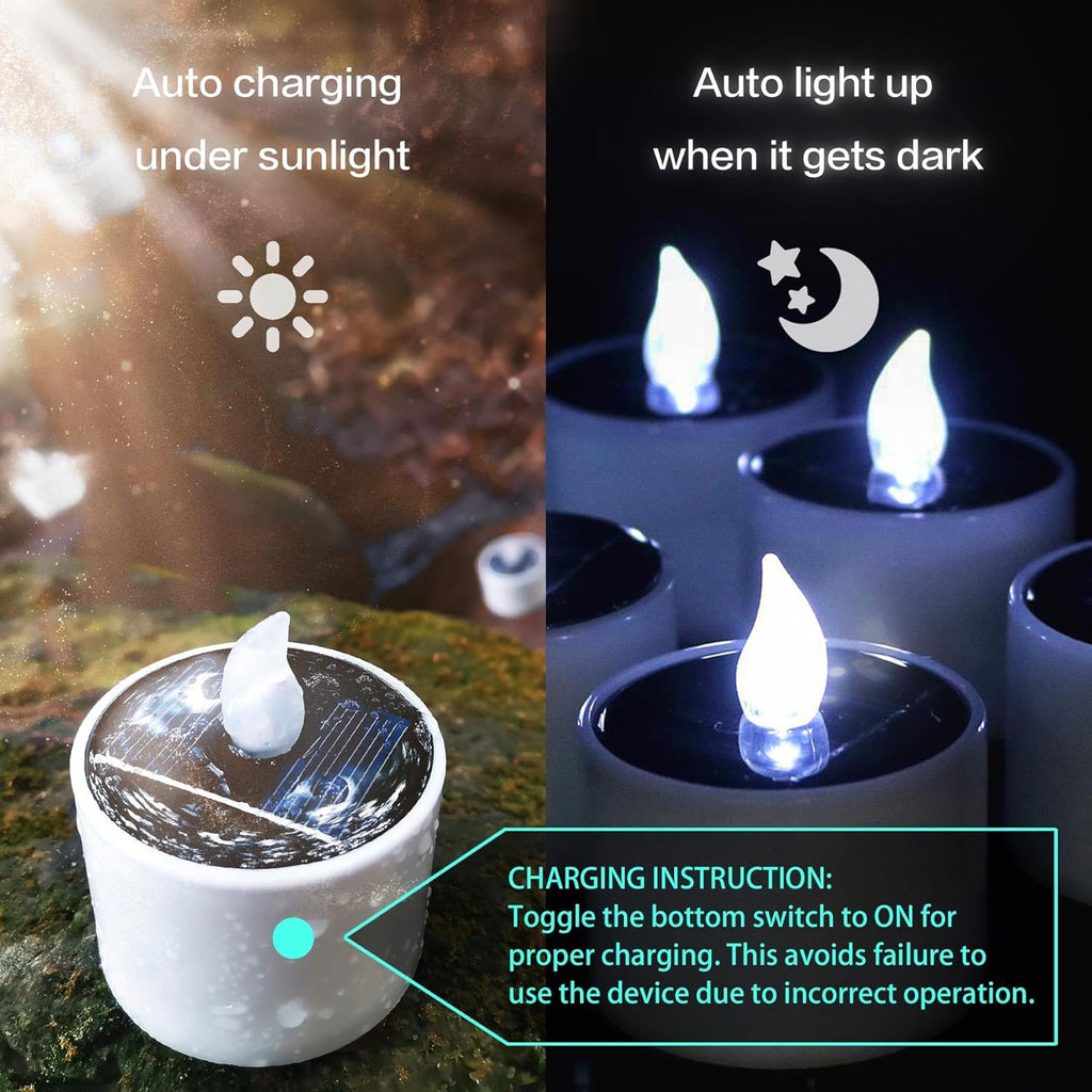 6 Pack Cool White Solar Powered Flameless Tealights, Rechargeable Outdoor Waterproof LED Flickering Electric Solar Tea Light Candles Flicker Fake LED Votive Candle Bulk for Outside Decorations