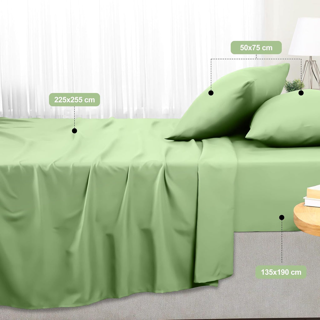 Bed Sheet Set Double, Sage, 4 Piece – Fitted Sheet, Flat Sheet with 2 Pillow Cases 50x75 – Wrinkle, Shrinkage & Fade Resistant – Oeko-Tex Certified, Polyester Microfiber Fabric