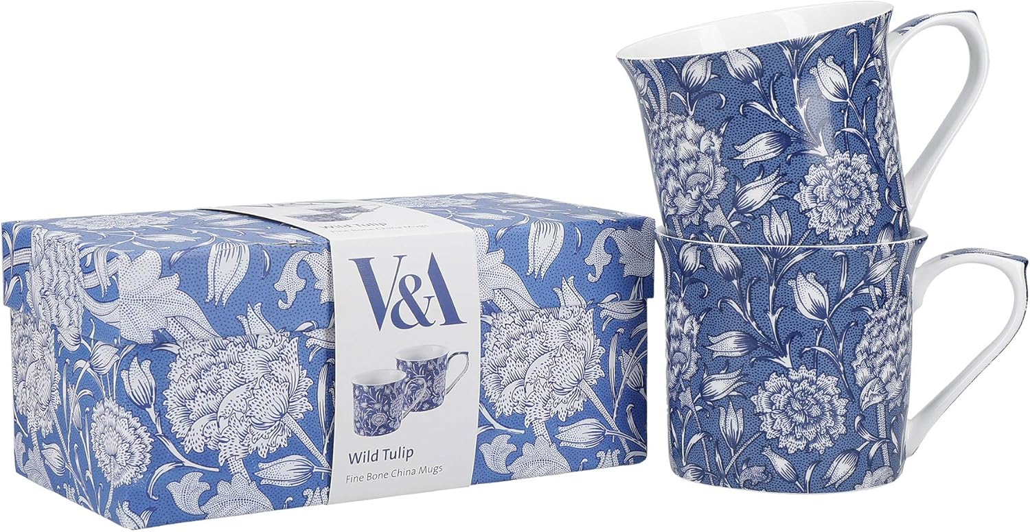 Coffee and Tea Mugs, Porcelain Bone China Mug, William Morris Wild Tulip Design, 300ml, Set of 2, Gift Boxed