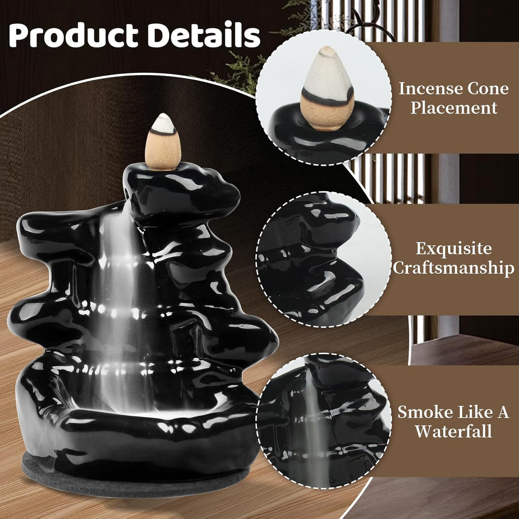 Waterfall Backflow Incense Burner, Ceramic Incense Cone Holder with 60 Cones, Tongs and Table Mat, Home Decor for Meditation, Relaxation, Purification, Yoga Gifts