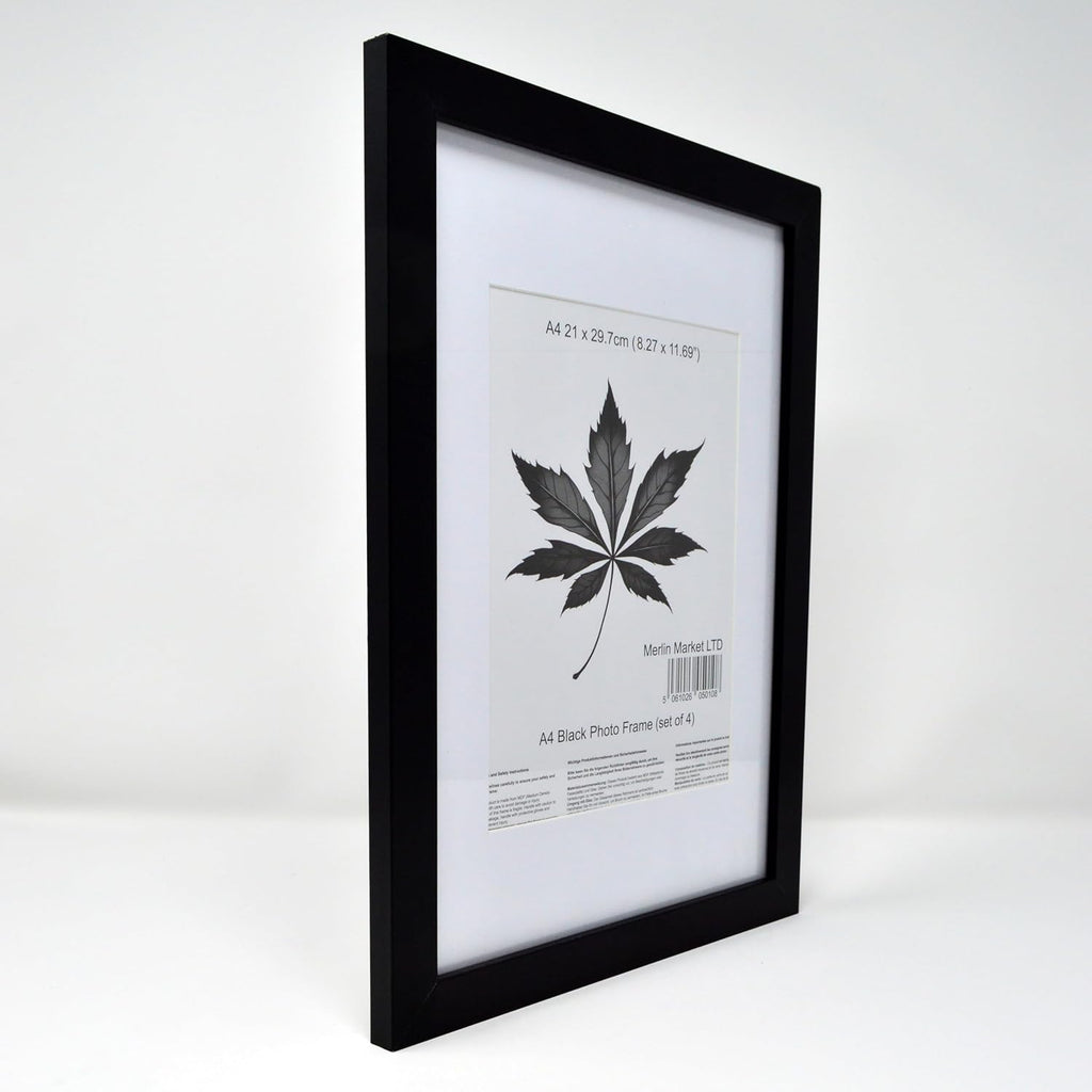 Black A4 Frame Set of 4 (21x29.7cm) with Mount for 19x14cm | Poster & Certificate Frame | Wall Mount or Table Top Display | Classic Style