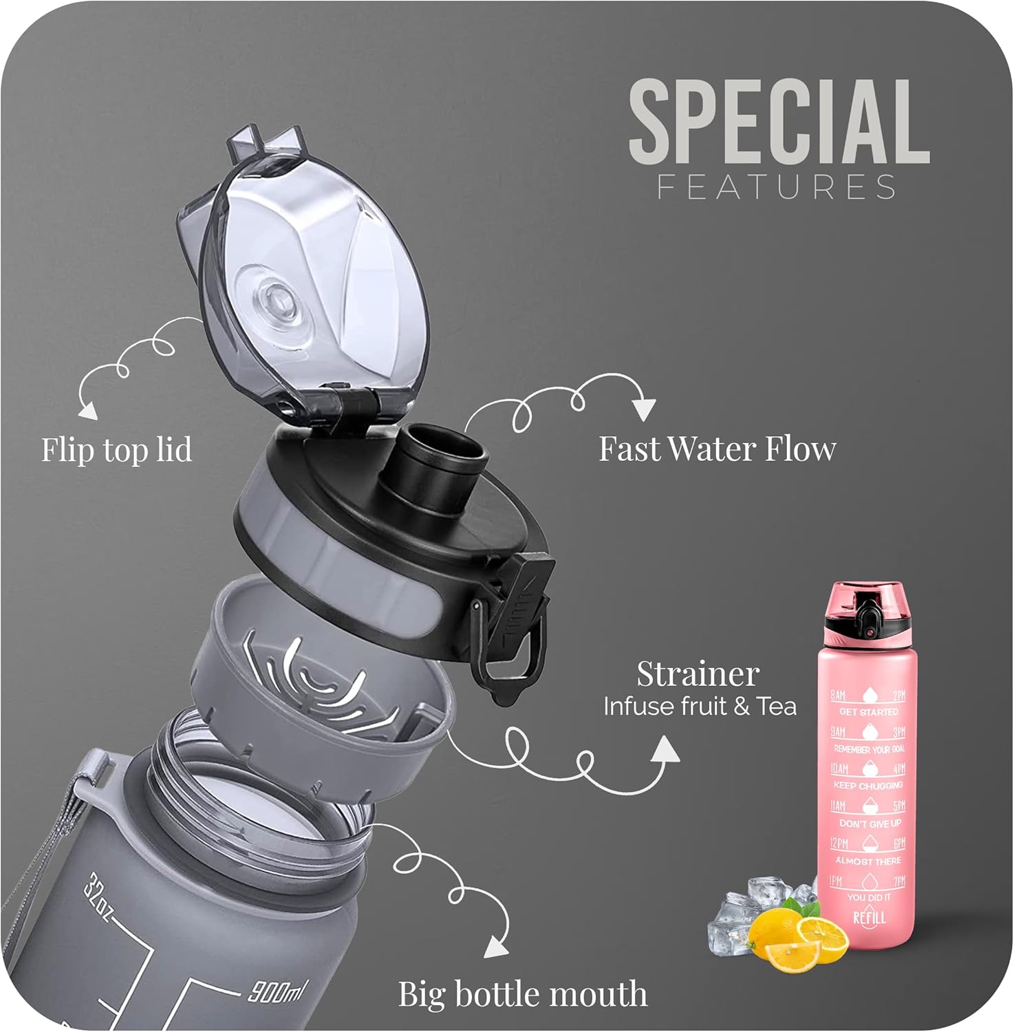 Water Bottle 1L, Sports Water Bottle with Time Markings, BPA-Free, Leak-Proof Drinks Bottle, Perfect for Running, Cycling, Gym, Yoga, Camping and Outdoor Activities, Pink